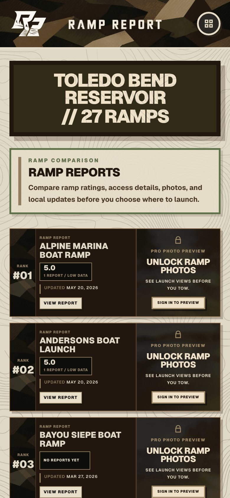 Ramp Report Toledo Bend ramp list screen