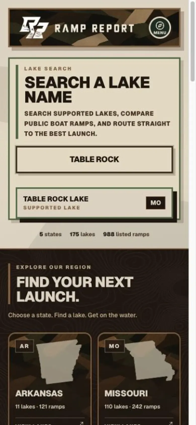 Lake search in the Ramp Report mobile app