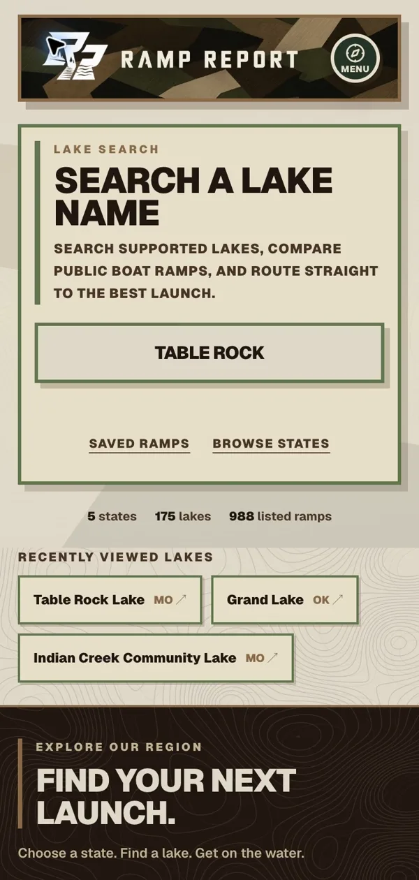 Start with your water. Actual Ramp Report screen. This is the actual lake-search screen. Table Rock is already entered for this recorded example.